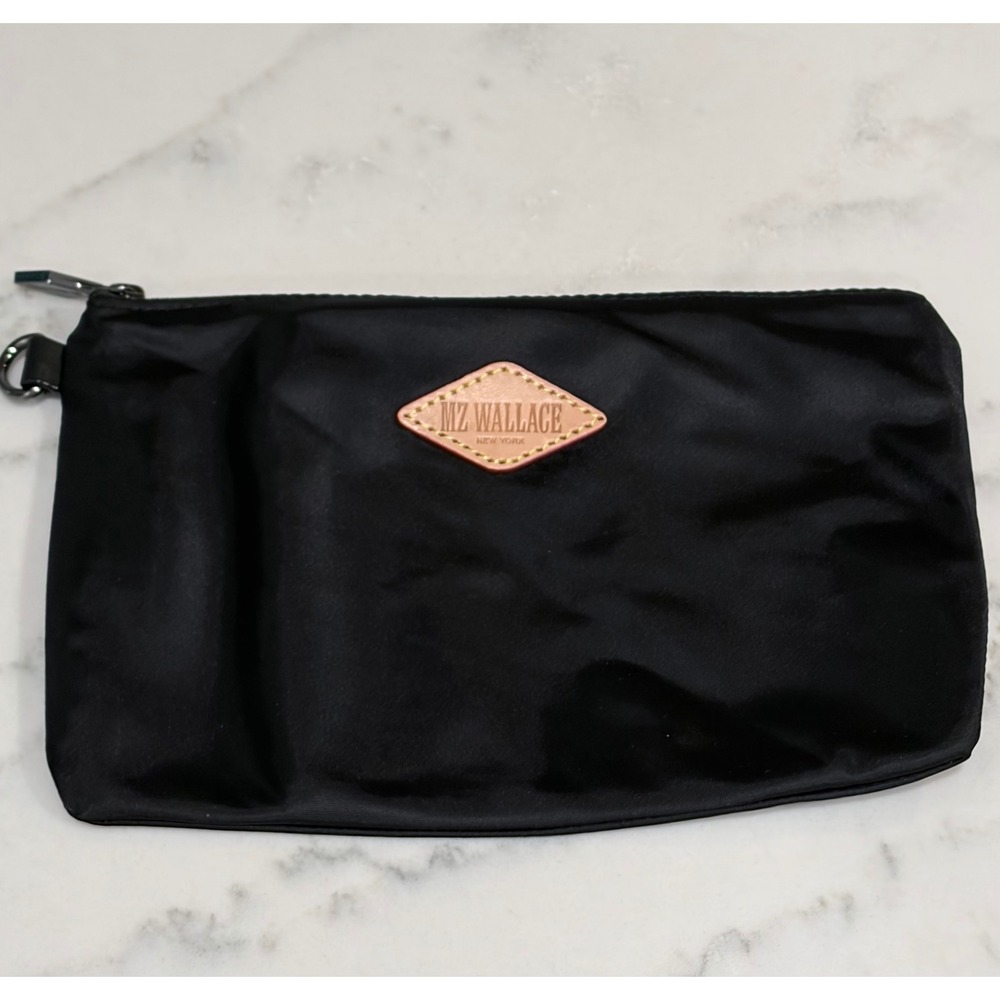 MZ Wallace Black Nylon Zipper Pouch Blue Lining Leather Logo Patch Travel Case